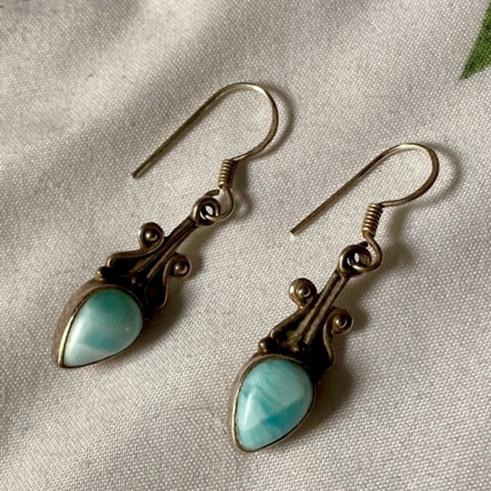Larimar Silver Teardrop Drop Earrings, from Germany Vintage - Picture 3 of 3